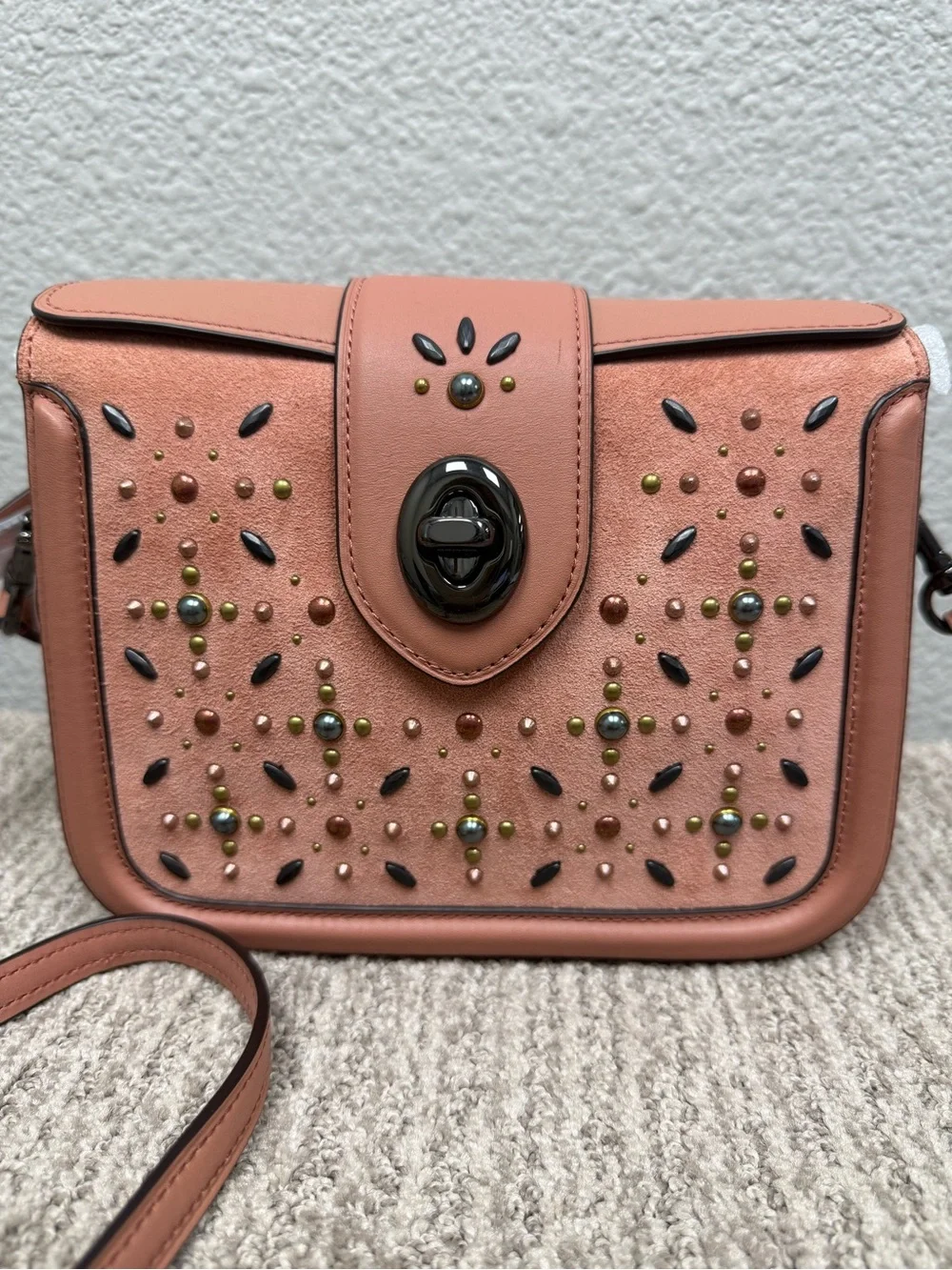 Coach Page Prairie Rivets Coral Pink Leather Studded Turnlock Shoulder/Cross Bag